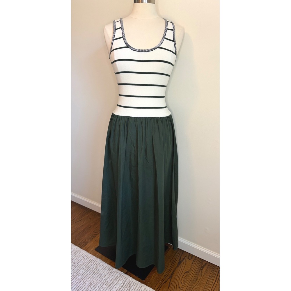 Moon River Striped Knit Bodice Mixed Media Maxi Dress Green White L Preppy Chic